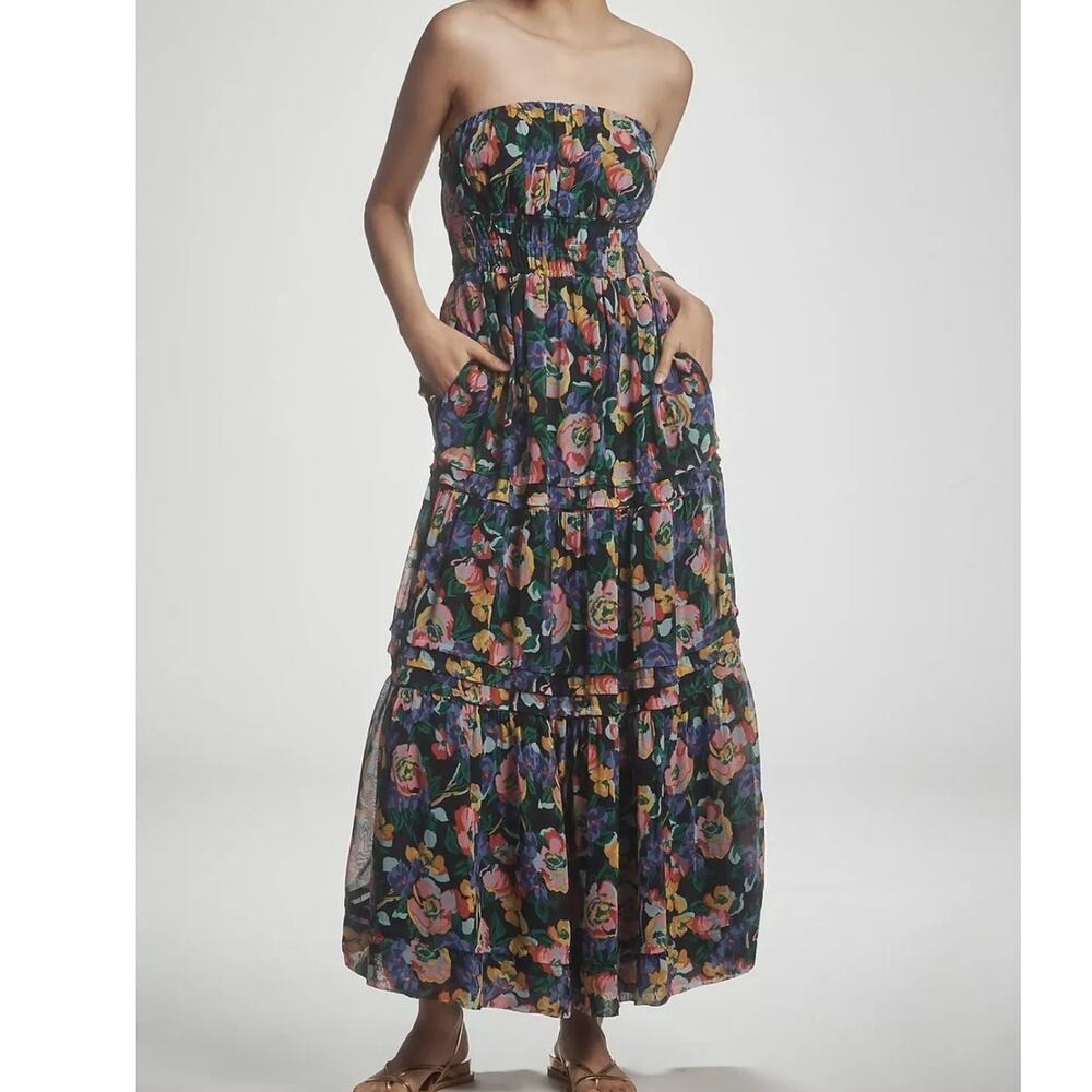 ANTHROPOLOGIE Somerset Strapless Black Floral Tiered Maxi Dress | Small